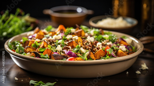 A vibrant salad featuring roasted sweet potato, crumbled feta, and mixed greens, dressed in a flavorful vinaigrette.