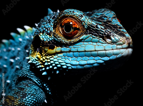 close up Portrait of a green iguana  perfect skin details  Dark background  nature 