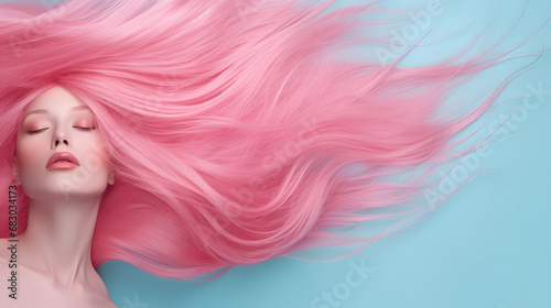 The face of a beautiful girl and pink long hair lie on a flat surface