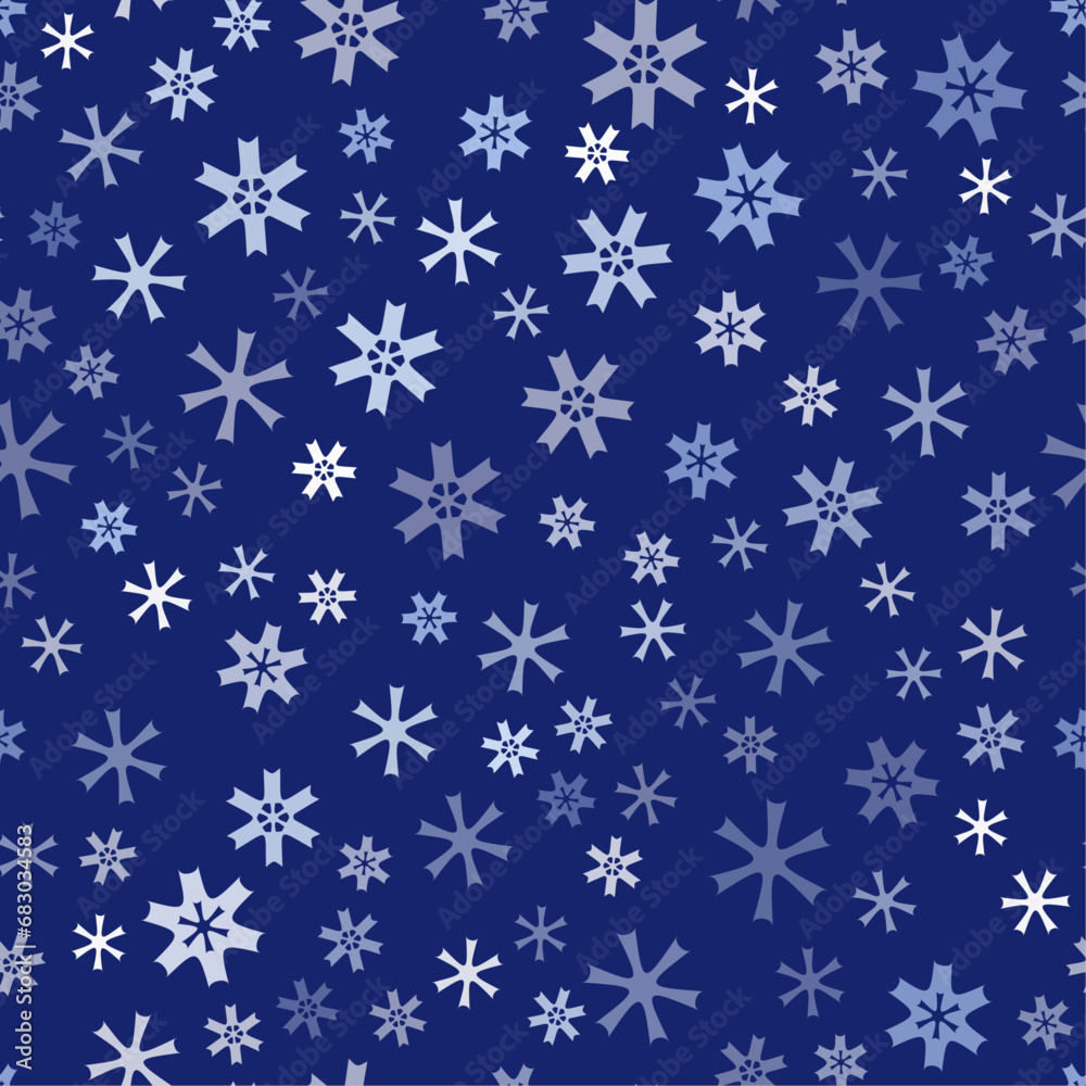 Many small irregular snowflakes on blue background. Seamless pattern with snowflakes. Snowflake ornament vector illustration. Decorative design element. Winter mood. Many small irregular snowflakes on blue background. Seamless pattern with snowflakes. Snowflake ornament vector illustration. Decorative design element. Winter mood.