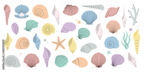 Sea shells set. Tropical underwater shells. Freshwater algae, corals, starfish, sea mollusks, scallop, pearls. Vector illustration.
