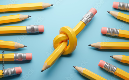 Pencil knot. A pencil tied in a knot and ordinary pencils on a blue background photo