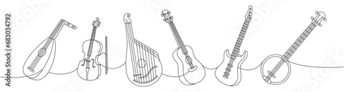 Set of string musical instruments. Lute, violin, bandura, acoustic guitar, electric bass guitar, american banjo continuous one line illustration.