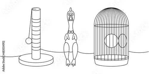 Pet supplies set one line continuous drawing. Cat tower, cat scratch post, rubber chicken toy, bird cage continuous one line illustration.
