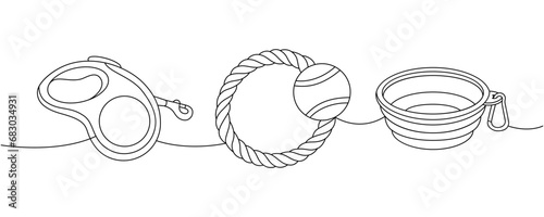 Set of pet supplies one line continuous drawing. Tape measure leash, retractable leash, chew toy, portable water bowl continuous one line illustration