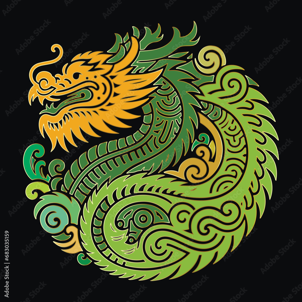 Luxury chinese traditional ornamental green gold dragon pattern Happy Chinese new year 2024 Zodiac sign, year of the Dragon. Decorative trendy colorful vector design on black background