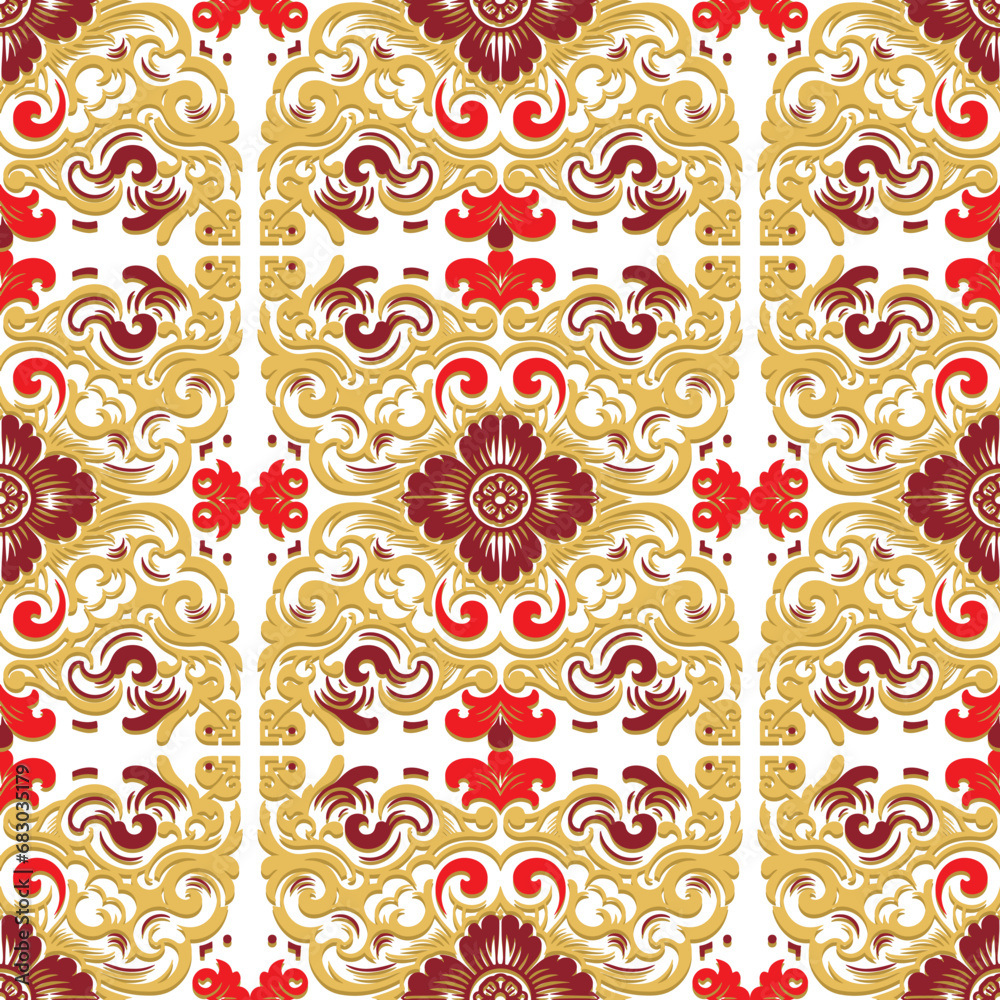 Chinese traditional beautiful seamless pattern. Vector ornamental ethnic floral background. Colorful red yellow decorative ornaments on white background. Chinese new year. Endless ornate texture
