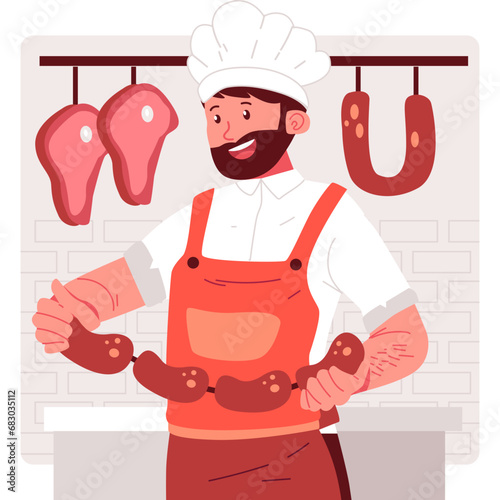 A butcher vector character illustration captures the expertise and craftsmanship of a skilled meat professional, often depicted in traditional attire with cutting tools