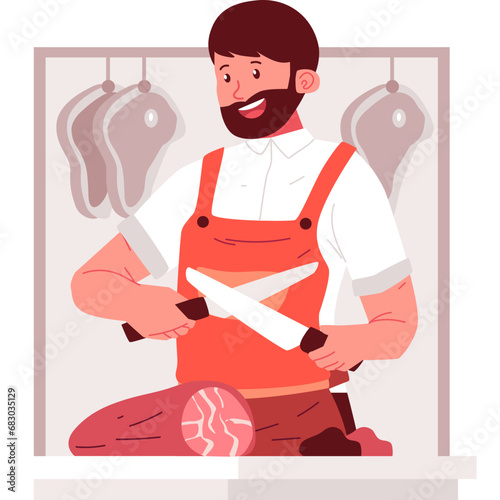 A butcher vector character illustration captures the expertise and craftsmanship of a skilled meat professional, often depicted in traditional attire with cutting tools