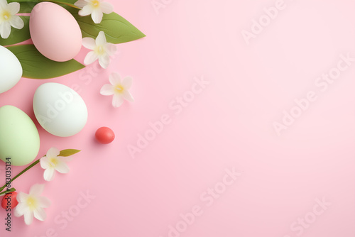Pastel Easter Eggs and Spring Blossoms on Pink Background