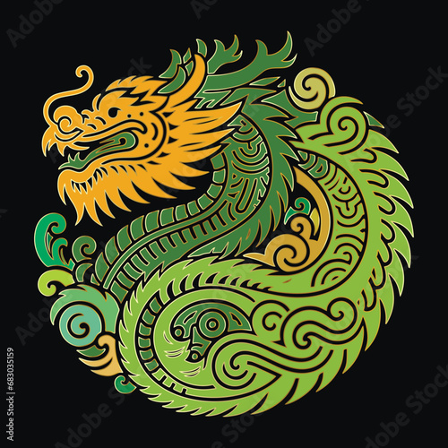 Luxury chinese traditional ornamental green gold dragon pattern Happy Chinese new year 2024 Zodiac sign, year of the Dragon. Decorative trendy colorful vector design on black background © Naila Zeynalova