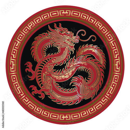 Luxury round mandala pattern with chinese traditional red gold dragon and circle meander frame. Happy Chinese new year 2024 Zodiac sign, year of the Dragon. Ornamental isolated vector design on white © Naila Zeynalova