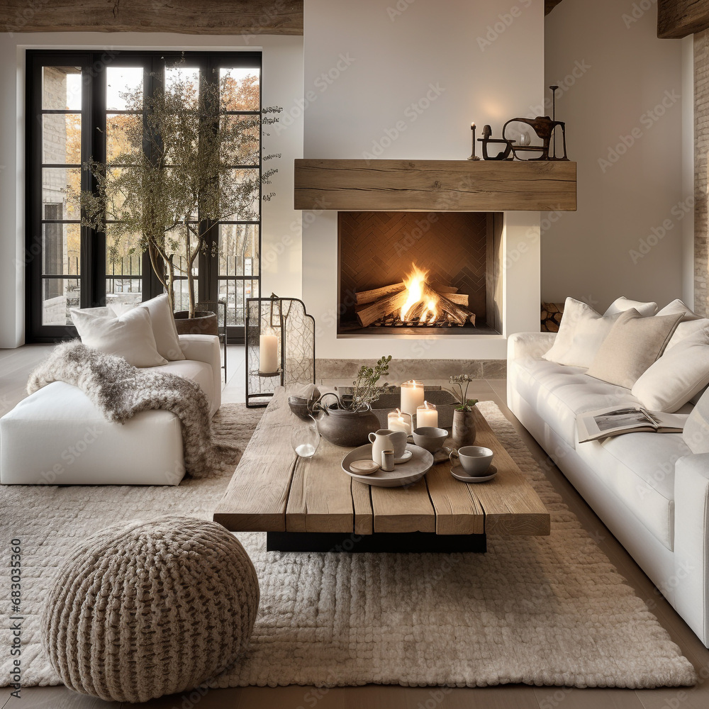 French interior for a modern room. A table made of wooden slabs next to a white corner sofa with fur pillows. A fireplace with a fire burning in it. Modern direction in design. French interior for a modern room. A table made of wooden slabs next to a white corner sofa with fur pillows. A fireplace with a fire burning in it. Modern direction in design.