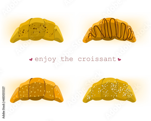 Set Vector illustration appetizing croissants on white background. Flat art style design for web, site, poster, banner, menu, sticker. text Enjoy the croissant with hearts.