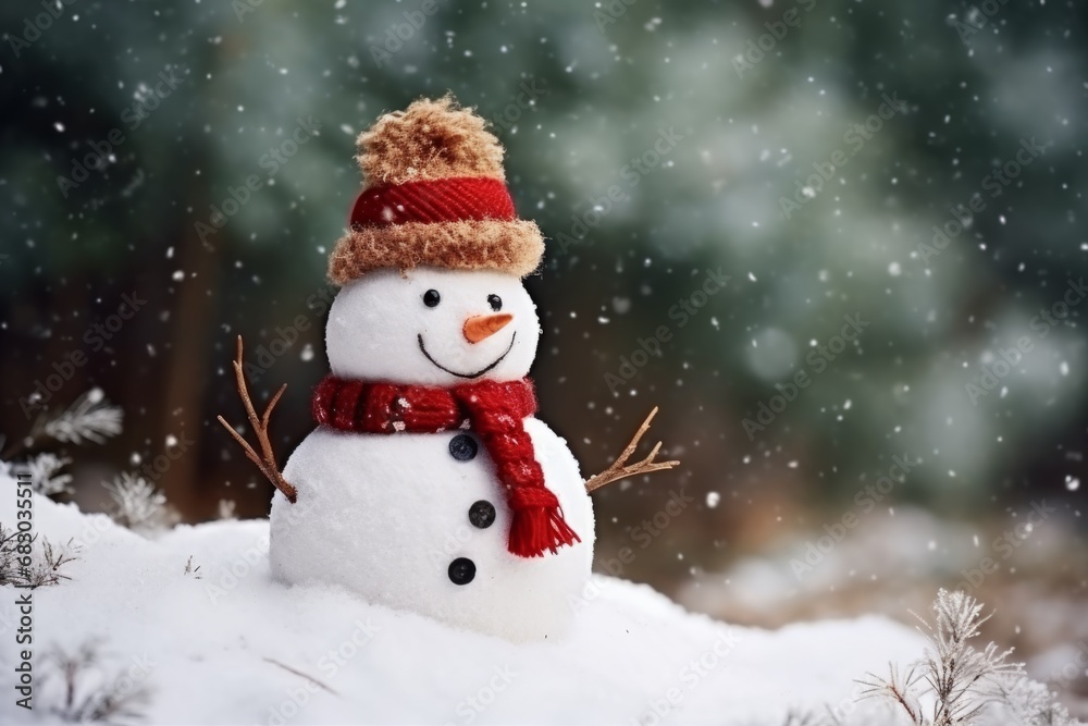 Christmas winter smiling happy snowman frosty snow new year celebration holiday cute decoration greeting december eve face funny white snowball with scarf hat carrot xmas festivity shiny flakes smile