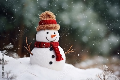 Christmas winter smiling happy snowman frosty snow new year celebration holiday cute decoration greeting december eve face funny white snowball with scarf hat carrot xmas festivity shiny flakes smile © Yuliia