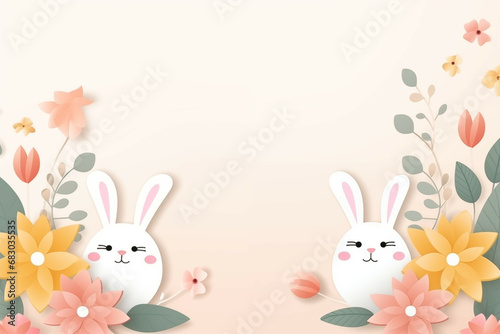 Charming Easter Bunnies Surrounded by Spring Florals on a Pastel Background