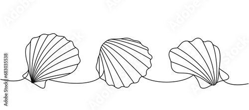 Set of sea shells. Sea shells  mollusks  scallop  pearls. Tropical underwater shells continuous one line illustration. Vector minimalist illustration.