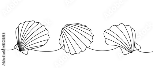 Set of sea shells. Sea shells, mollusks, scallop, pearls. Tropical underwater shells continuous one line illustration. Vector minimalist illustration.