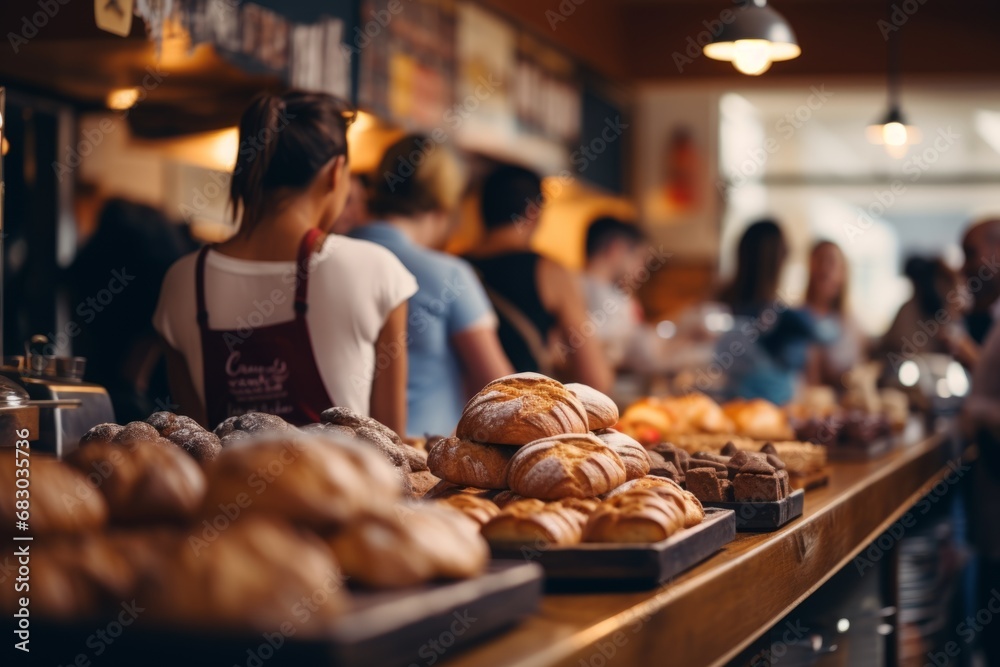 Small cozy cafe coffee shop bakery completing order business interior sunny morning light barista offers cheap hot tasty cocoa latte cappuccino americano espresso baguette bread bun donuts croissants