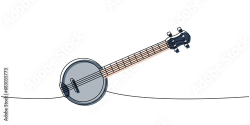 American banjo, string guitar one line colored continuous drawing. Musical instruments continuous one line illustration. Vector linear illustration