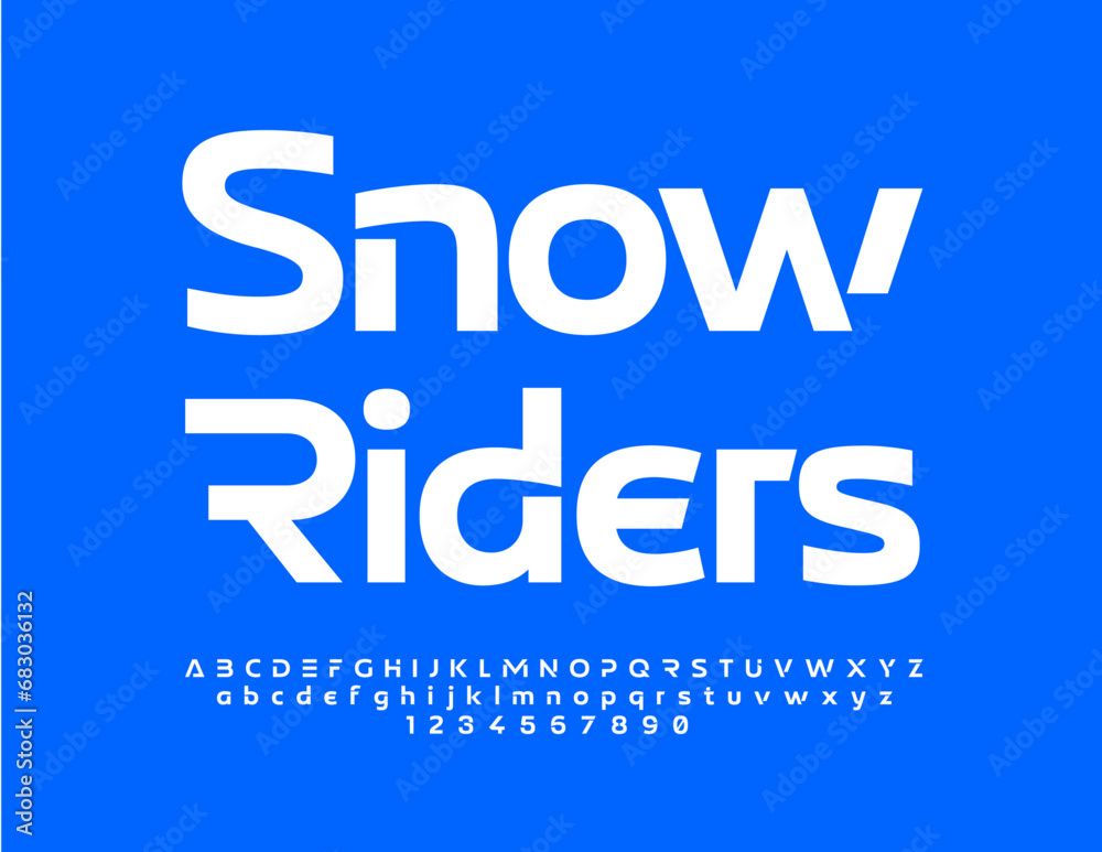 Vector modern sign Snow Riders. White futuristic Font. Digital style Alphabet Letters and Numbers set Vector modern sign Snow Riders. White futuristic Font. Digital style Alphabet Letters and Numbers set