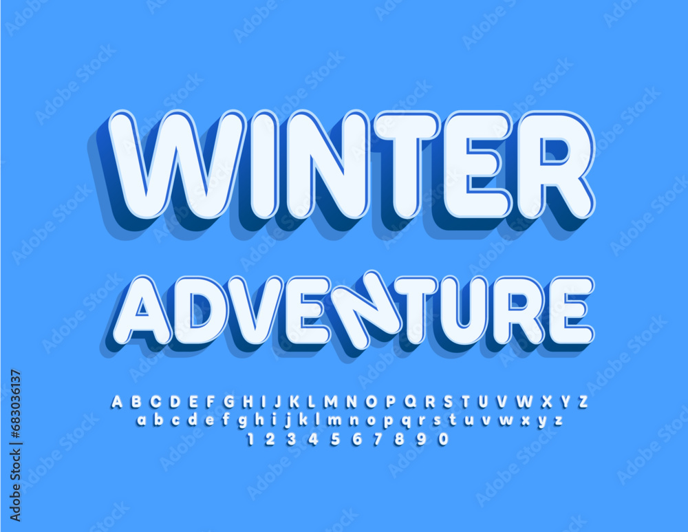 Vector seasonal flyer Winter Adventure with Alphabet Letters and Numbers set. 3D creative Font Vector seasonal flyer Winter Adventure with Alphabet Letters and Numbers set. 3D creative Font