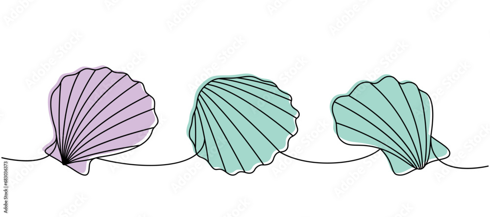 Obraz premium Set of sea shells. Sea shells, mollusks, scallop, pearls. Tropical underwater shells continuous one line illustration. Vector minimalist illustration.