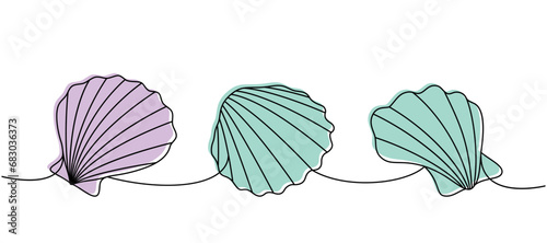 Set of sea shells. Sea shells, mollusks, scallop, pearls. Tropical underwater shells continuous one line illustration. Vector minimalist illustration.