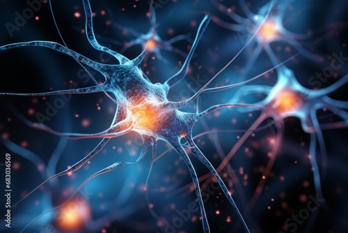 Neuron cells neural network under microscope neuro research science brain signal information transfer human neurology mind mental impulse biology anatomy microbiology intelligence connection system