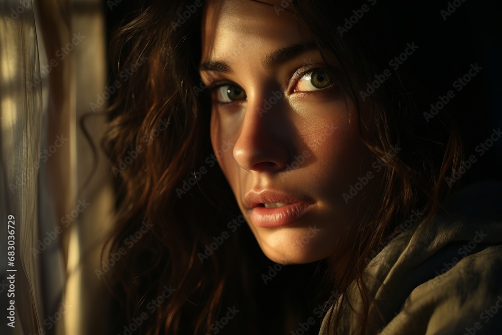 Close-up portrait of girl with shadows on her face Close-up portrait of girl with shadows on her face