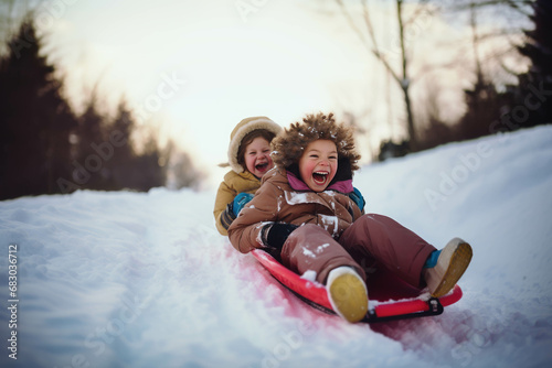 laughing children sledding down a hill in the winter among white snow