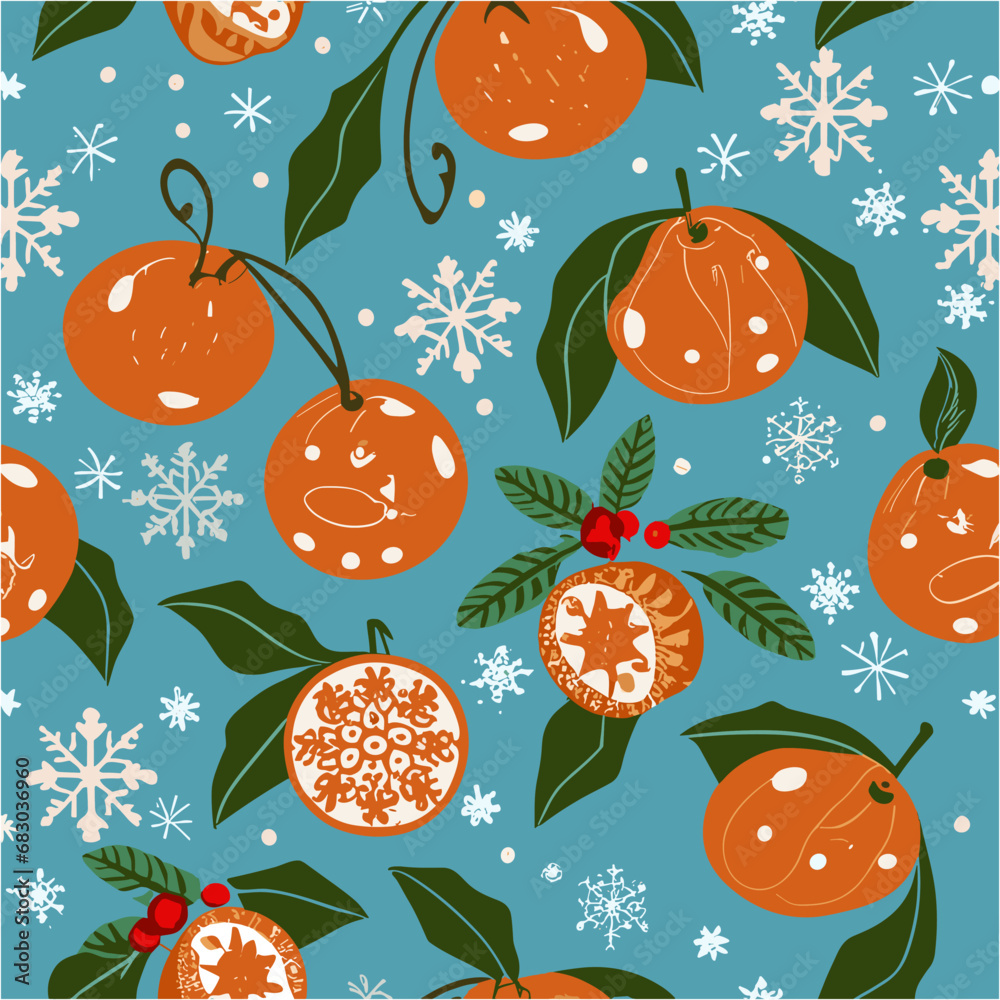 Vector christmas pattern 
with citrus fruits mandarins and snowflakes
 on a blue background. 2024 New Year's fashion
ornament for fabric, paper, textiles, notepad,
children clothing, postcard.