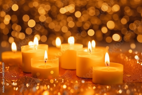 Festive Happy New Year Background - Gold Burning Candles on Bokeh Sparkling Background - Created with Generative AI Tools