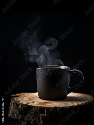 Bark Coffee Mug on Black Background. Photorealistic Cup with plume of steam on dark backdrop. Vertical Illustration. Ai Generated Hot Drink with Vapor.