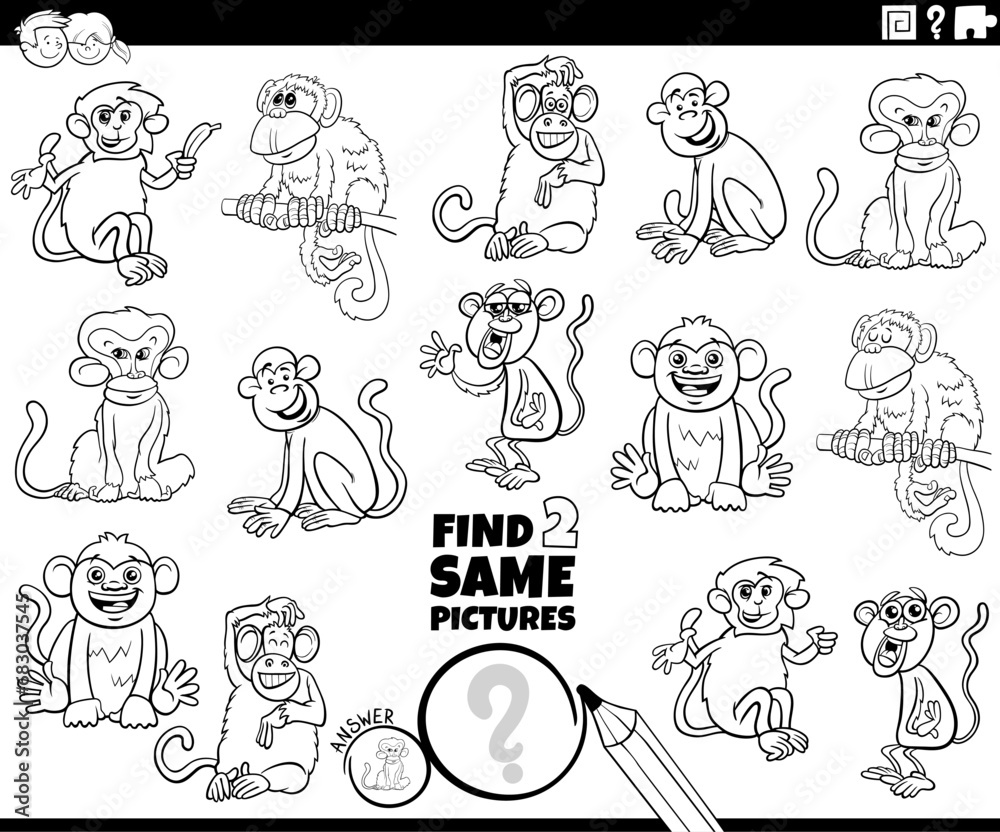 find two same cartoon monkeys activity coloring page find two same cartoon monkeys activity coloring page