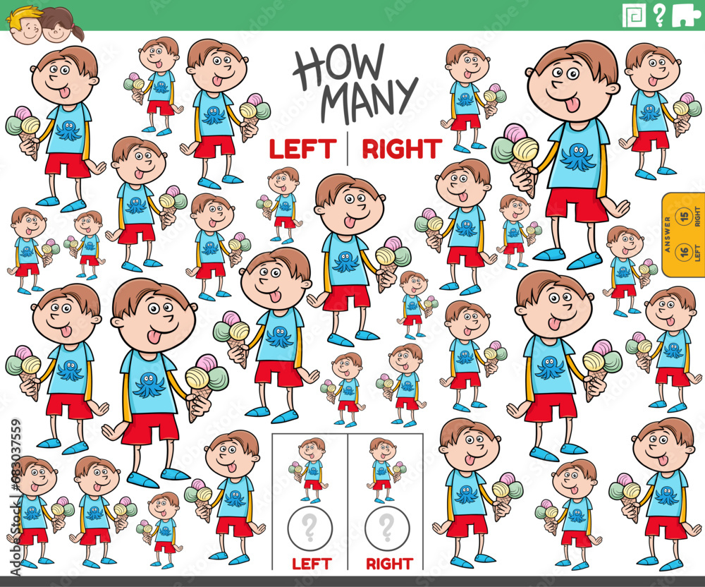counting left and right pictures of cartoon boy with ice cream