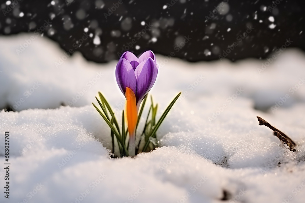 Vibrant Crocuses Emerging Through Snow - Spring Blooms in Snowy Landscape - Created with Generative AI Tools