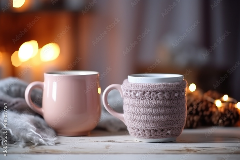 Winter Retreat - Cozy Fireplace Scene with Two Tea or Coffee Mugs and Woolen Comfort in Country House - Created with Generative AI Tools Winter Retreat - Cozy Fireplace Scene with Two Tea or Coffee Mugs and Woolen Comfort in Country House - Created with Generative AI Tools