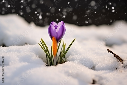 Vibrant Crocuses Emerging Through Snow - Spring Blooms in Snowy Landscape - Created with Generative AI Tools © ThePixelCraft