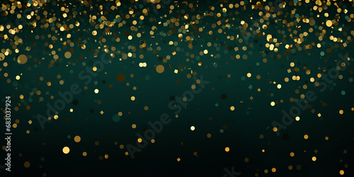 Golden confetti on dark green background, abstract background with copy space for text
