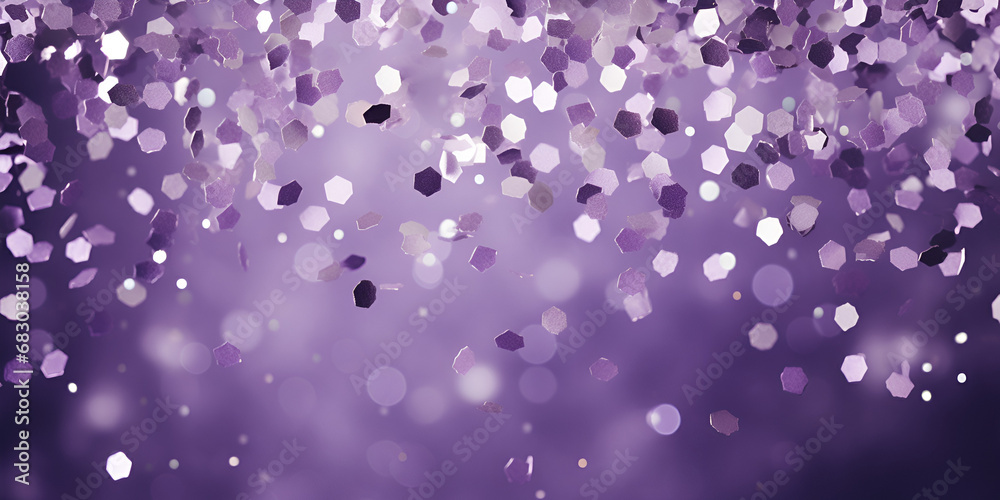 Silver confetti on purple background, abstract background with copy space for text