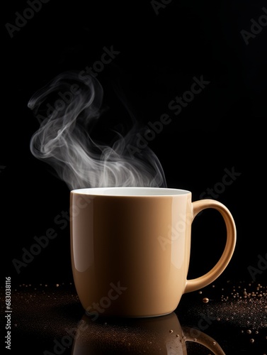 Beige Coffee Mug on Black Background. Photorealistic Cup with plume of steam on dark backdrop. Vertical Illustration. Ai Generated Hot Drink with Vapor. © Vector Juice