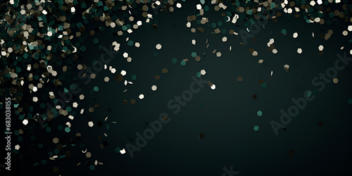 Silver confetti on dark green background, abstract background with copy space for text