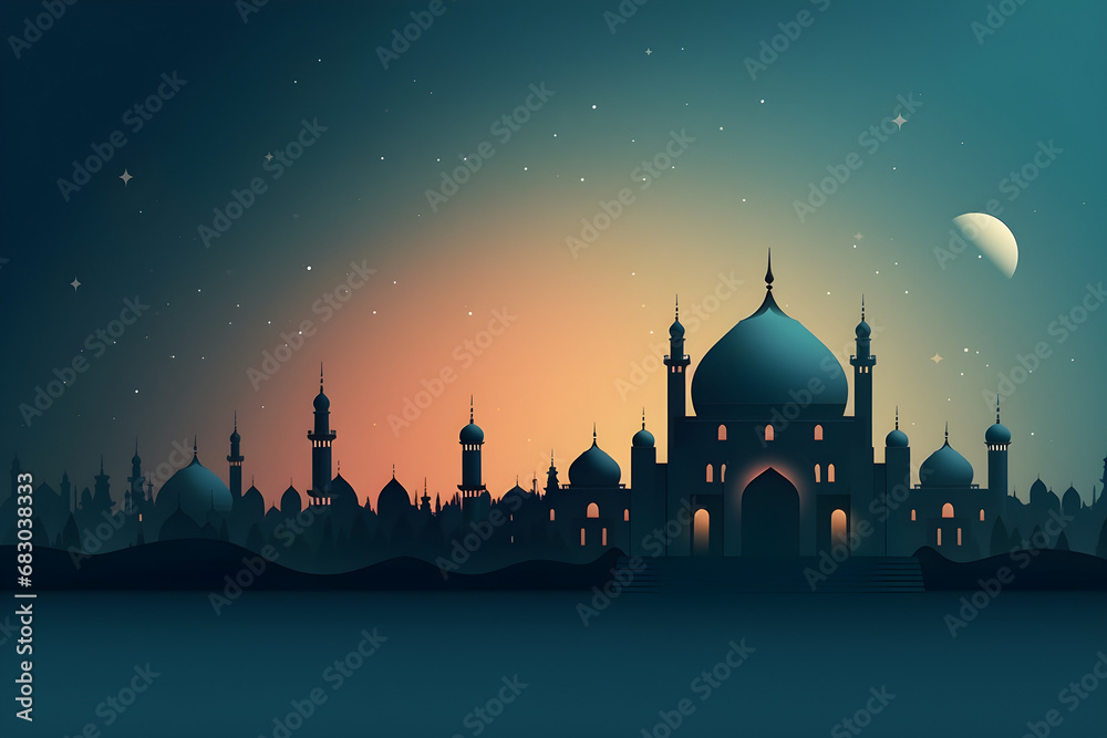festive greeting card with mosque and crescent for Muslim holy month Ramadan Kareem,