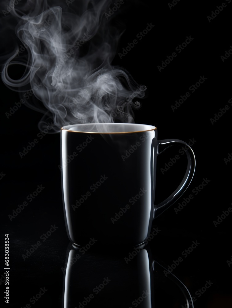 Black Glossy Surface Coffee Mug on Black Background. Photorealistic Cup with plume of steam on dark backdrop. Vertical Illustration. Ai Generated Hot Drink with Vapor. Black Glossy Surface Coffee Mug on Black Background. Photorealistic Cup with plume of steam on dark backdrop. Vertical Illustration. Ai Generated Hot Drink with Vapor.
