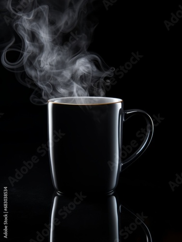 Black Glossy Surface Coffee Mug on Black Background. Photorealistic Cup with plume of steam on dark backdrop. Vertical Illustration. Ai Generated Hot Drink with Vapor.