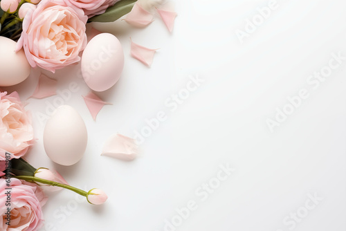 Serene Easter Composition with Delicate Pink Roses and White Eggs on a Soft Background