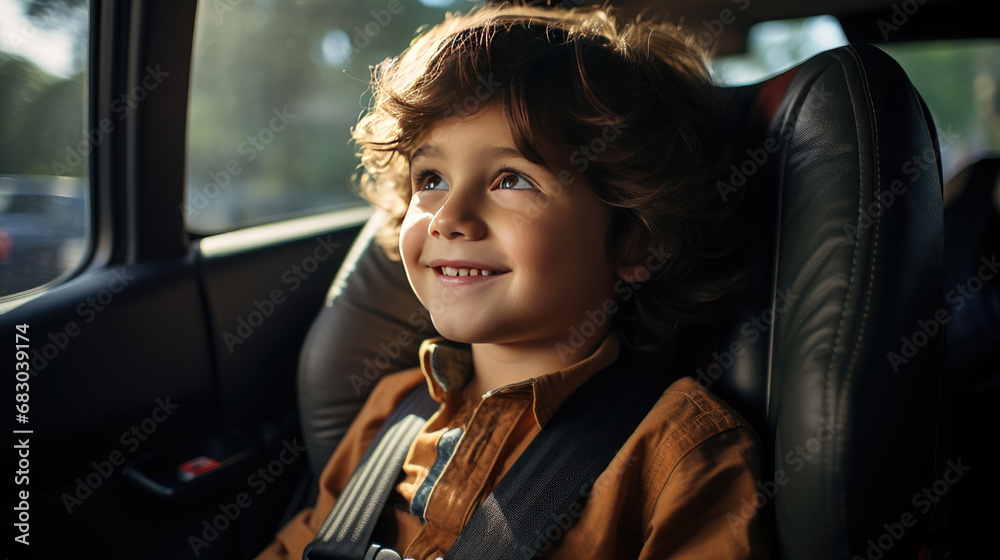 The child is wearing a seat belt, riding in a car.