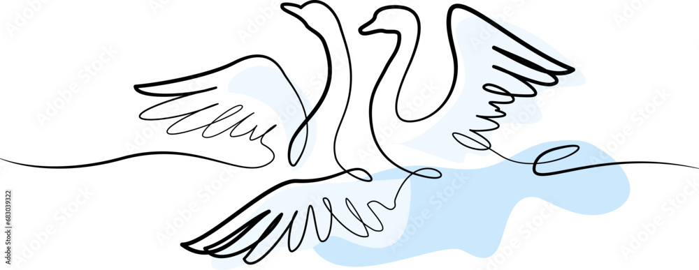 Cute swans couple swimming on lake sign. Continuous one line drawing Cute swans couple swimming on lake sign. Continuous one line drawing